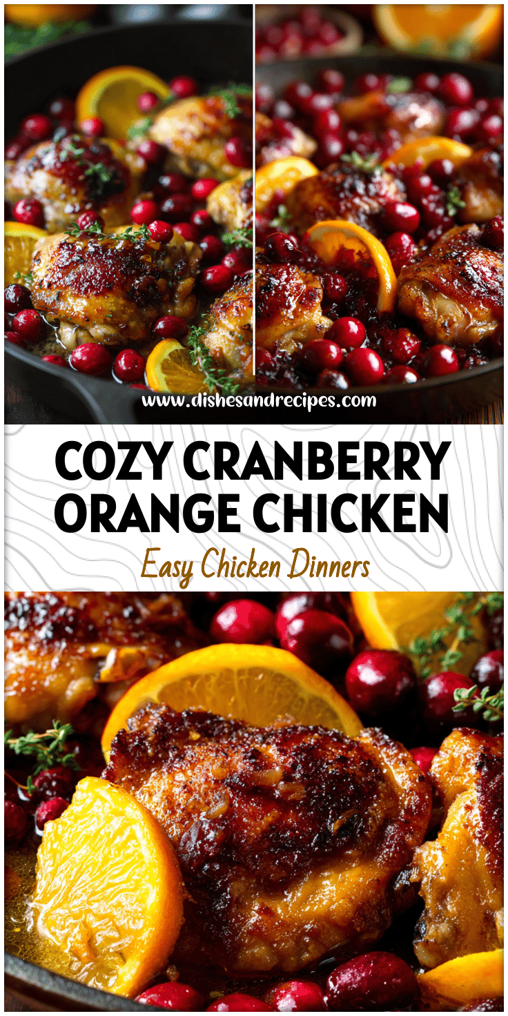 Golden skillet of Cranberry Orange Chicken Thighs baked with fresh cranberries and orange slices.